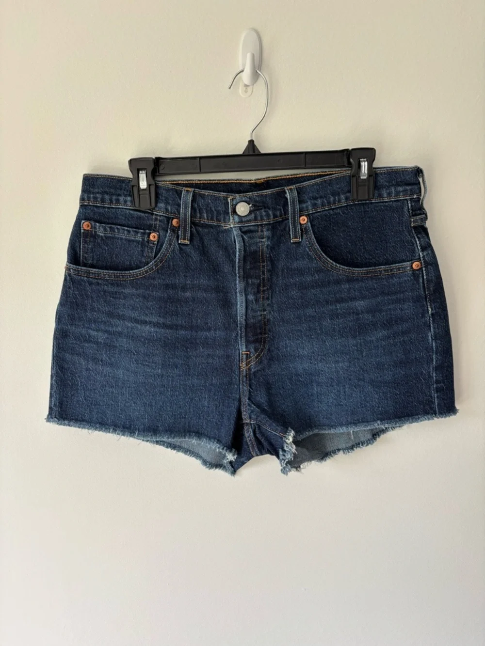 Levi’s 501 Jean Shorts Dark Wash Denim Button Fly High Waist Raw Hem